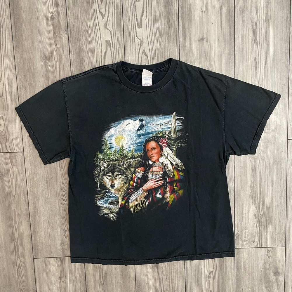 Native American Lady and Wolf pack graphic shirt black